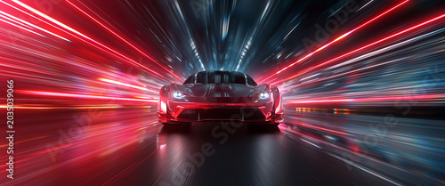 Canvastavla Sleek red sports car racing at high speed on neon highway
