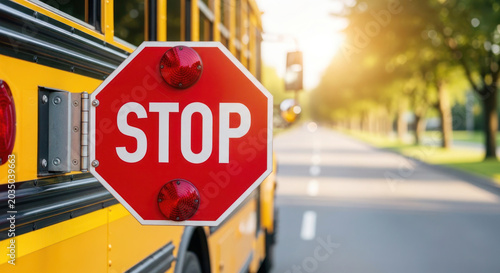 Yellow school bus with stop sign visible on the side, illuminated by sunlight on a tree-lined road in a suburban area