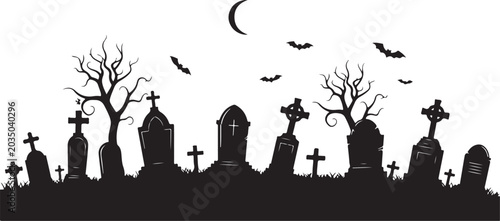 Halloween graveyard, spooky silhouette, black cemetery, haunted landscape