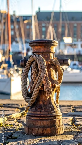 Weathered Wooden Mooring Bollard Wrapped with Rope on Sunlit Harbor Dock