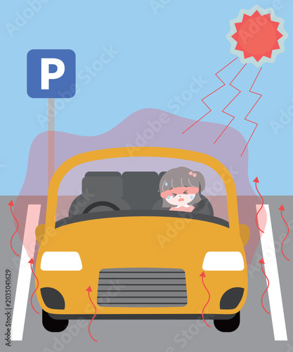 駐車場で車内に放置された小さな子どものイラスト｜熱中症の注意喚起イラスト
