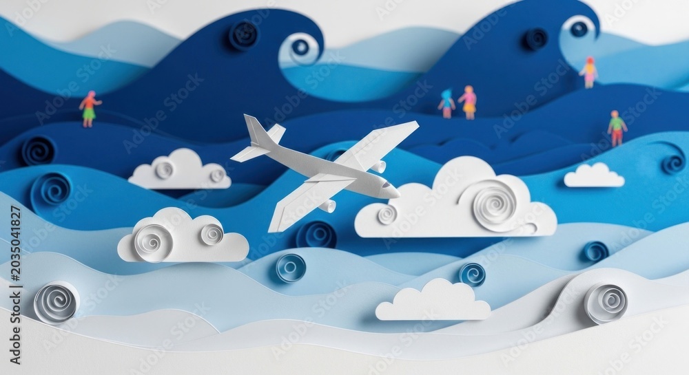 Fototapeta premium Paper Airplane Soaring Through Blue Waves and Clouds.
