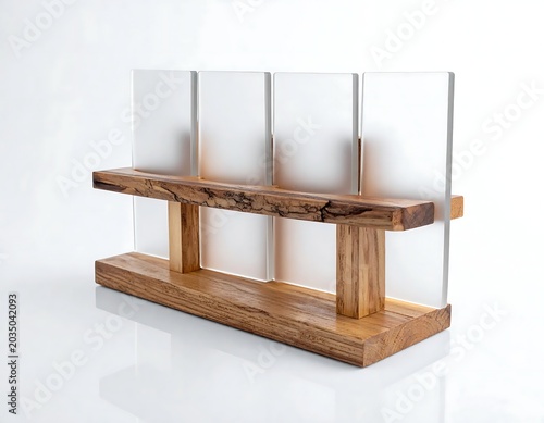 Rustic Wooden Stand Displaying Four White Rectangular Tiles on Minimal Background