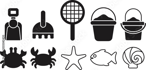Canvas Print Beach sandbox toys and summer vacation icon set featuring sand buckets shovels r