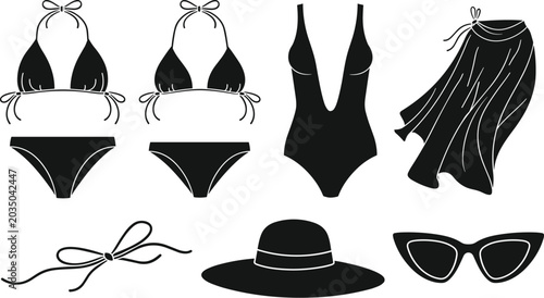 Φωτογραφία Women swimwear and summer fashion silhouette icon set with bikini swimsuit saron