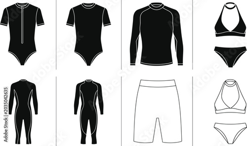 Quadro su tela Athletic swimwear and water sports apparel silhouette set featuring rash guards