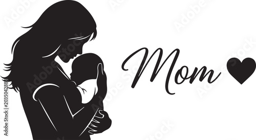 Mother holding baby silhouette with heart, elegant mom calligraphy lettering, maternal love and newborn care vector illustration