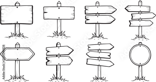 Rustic hand drawn wooden signpost collection, set of 8 sketch wood direction signs with grass, vintage timber billboard vector illustrations