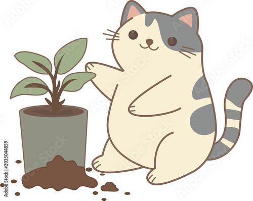 Cat digging happily in flowerpot, playful messy moment, illustration, flat style, PNG