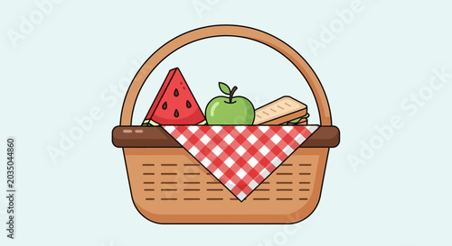 Cartoon picnic basket with watermelon, apple, and sandwich.