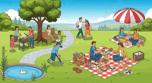 Photography Happy multi-generational family enjoying a lively summer picnic in the park