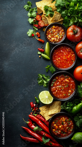 Assortment of fresh homemade salsas in black bowls served with crispy tortilla chips, vibrant red tomatoes, spicy chili peppers, and fresh cilantro on dark textured background