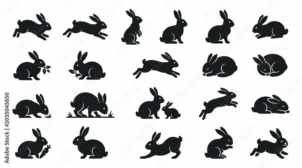Fototapeta premium Collection of Rabbit Silhouettes in Various Poses and Positions on White Background