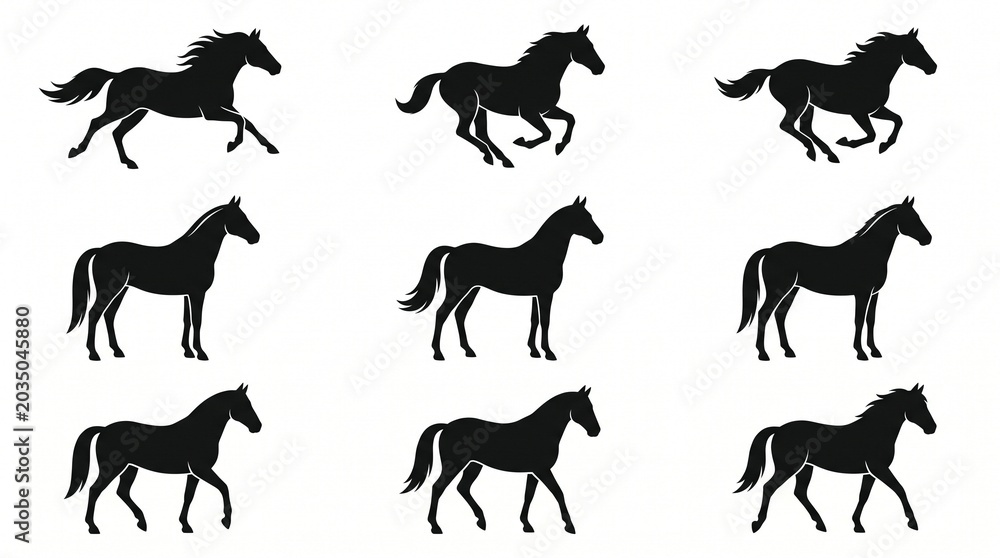 Obraz premium Running horse silhouettes in dynamic motion sequence on white background minimalist style