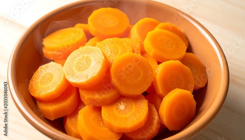 Fresh Orange Carrot Slices Arranged in Ceramic Bowl on Wooden Table