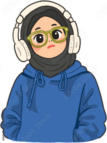 Muslim Girl Wearing Headphones and Glasses Cute Cartoon Character Illustration