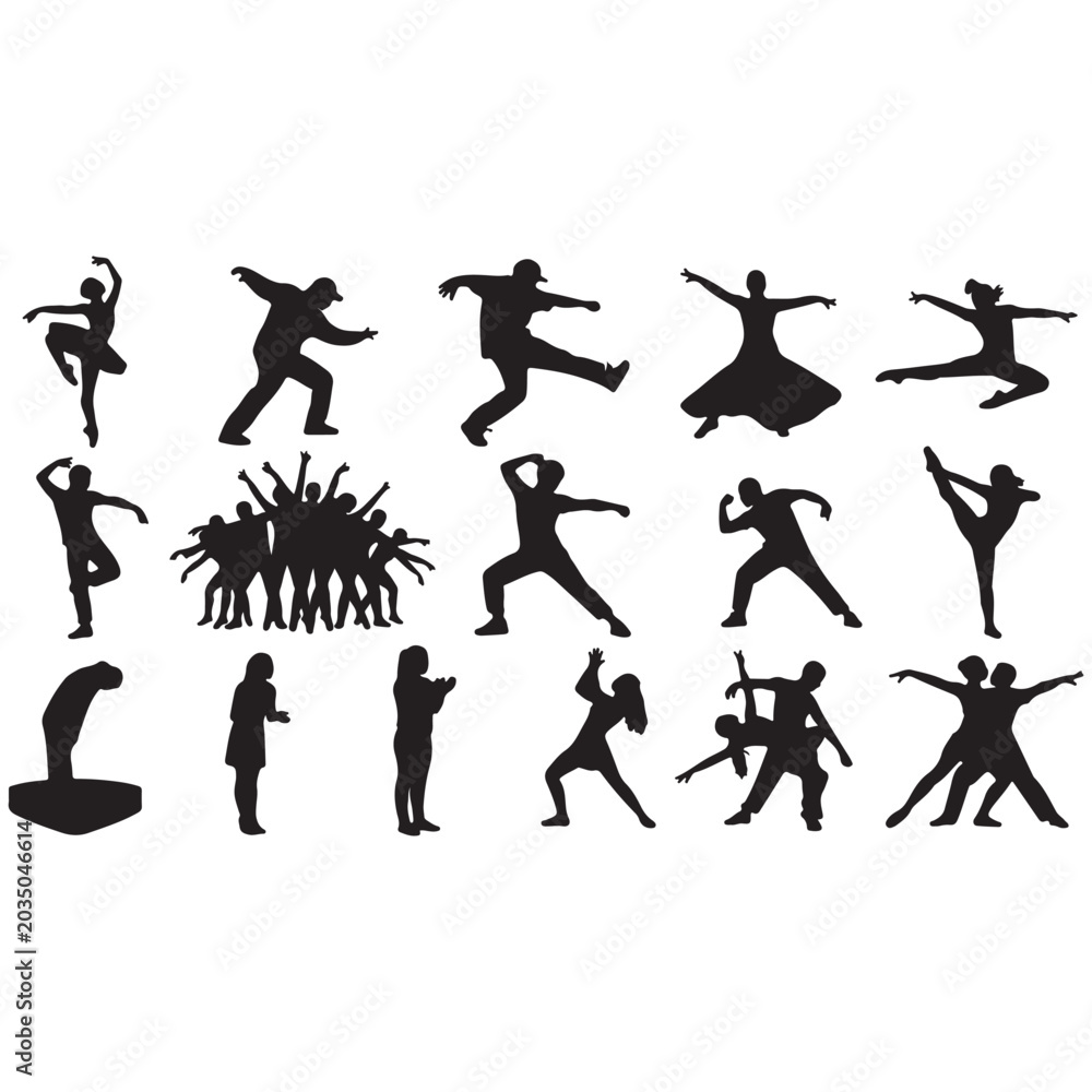 Obraz premium Black silhouette dance icons, vector dancer poses, ballet and contemporary movements, 16 action figures