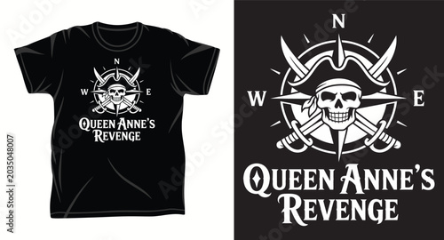 Photos Queen anne's revenge pirate skull with compass and crossed swords t-shirt design
