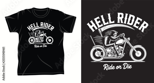 Fotografie Hell rider grim reaper on motorcycle chopper with scythe vector t shirt design