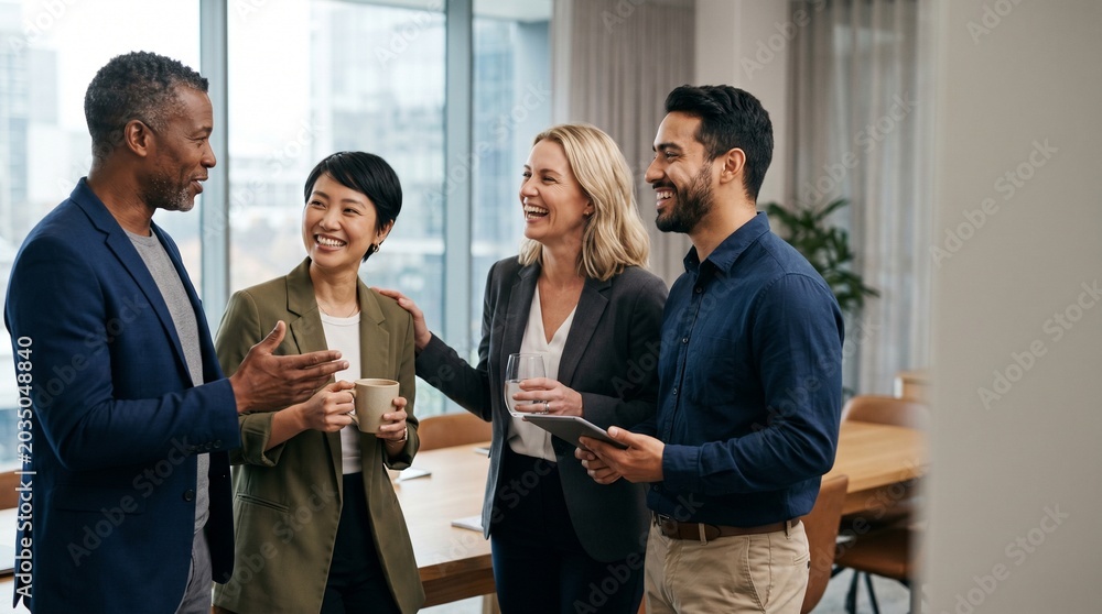 Obraz premium Happy diverse business team talking with digital tablet in modern office. Successful multiethnic corporate colleagues laughing together at meeting. Startup lifestyle concept.