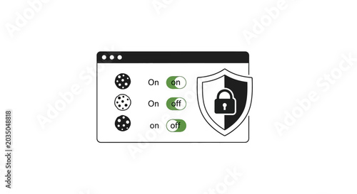 Padlock on shield with computer icons.