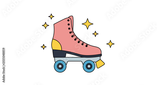 Pink roller skate with blue wheels.