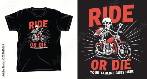 Fotografía Ride or die skeleton character riding a red motorcycle with sunburst background design