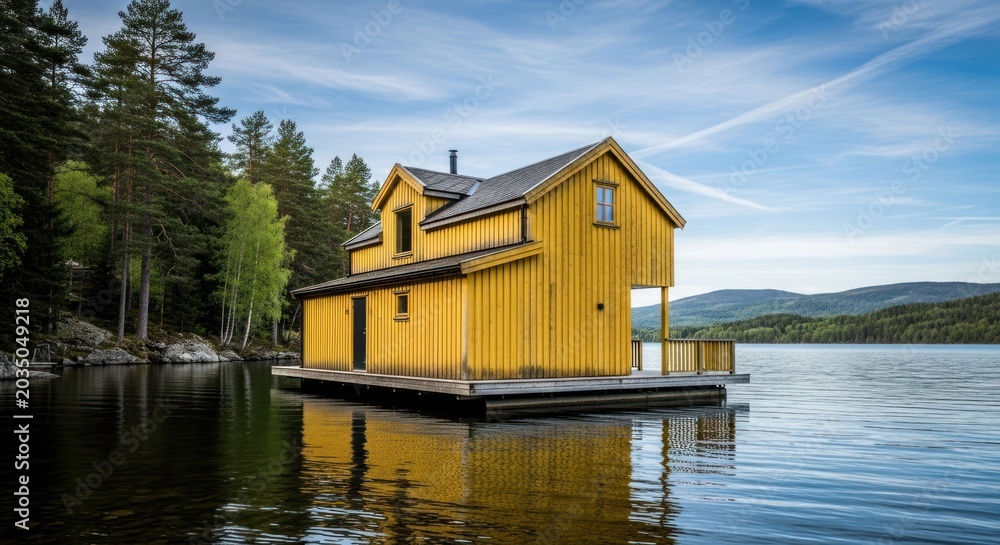 Obraz premium Unique Yellow Floating House on Calm Lake Surrounded by Lush Green Forest.