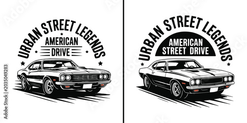 Bild auf Leinwand Vintage muscle car illustration with bold urban street legends typography design