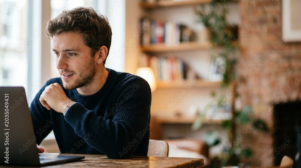 Naklejka premium Smiling young Caucasian man working on laptop at cozy home office or cafe, cheerful male freelancer typing on computer, digital nomad studying online remote work education.