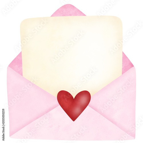cute pink Valentines romantic heart love letter envelope message watercolor cartoon illustration