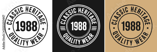Three circular vintage style badges featuring classic heritage text and 1988