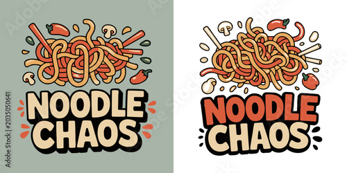 Fotografía Fun cartoon illustration featuring tangled noodles and spicy chili pepper ingred