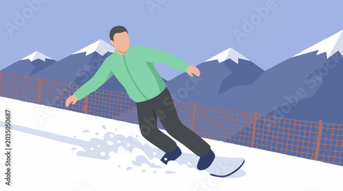 Bild auf Leinwand Flat illustration of a snowboarder on a snowy mountain slope with peaks