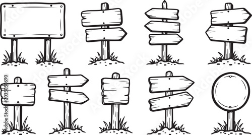 Fotografi Hand drawn wooden signpost collection, rustic wood directional signs in sketch s