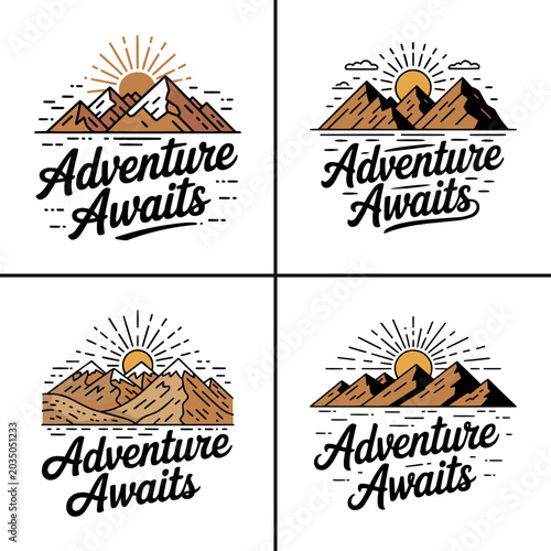 Foto Four vintage adventure awaits mountain logos with sunrise graphic elements