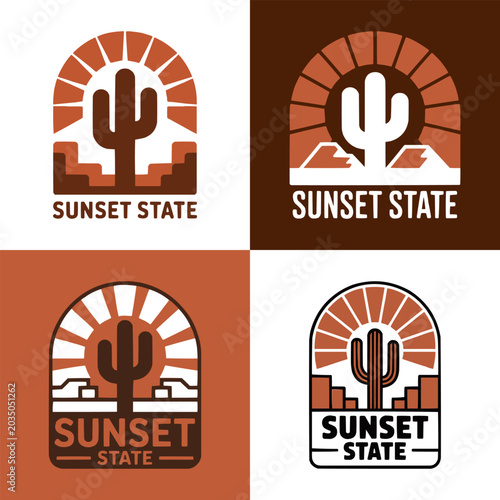 Tableau sur toile Four variations of a desert cactus logo with sunset design elements