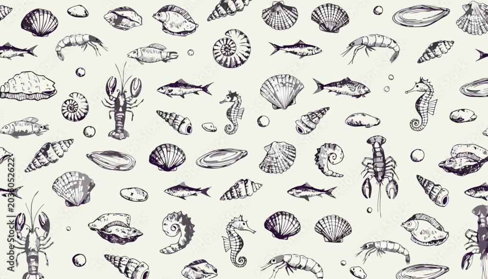 Obraz premium Vintage marine life illustration a seamless pattern of shells and fish