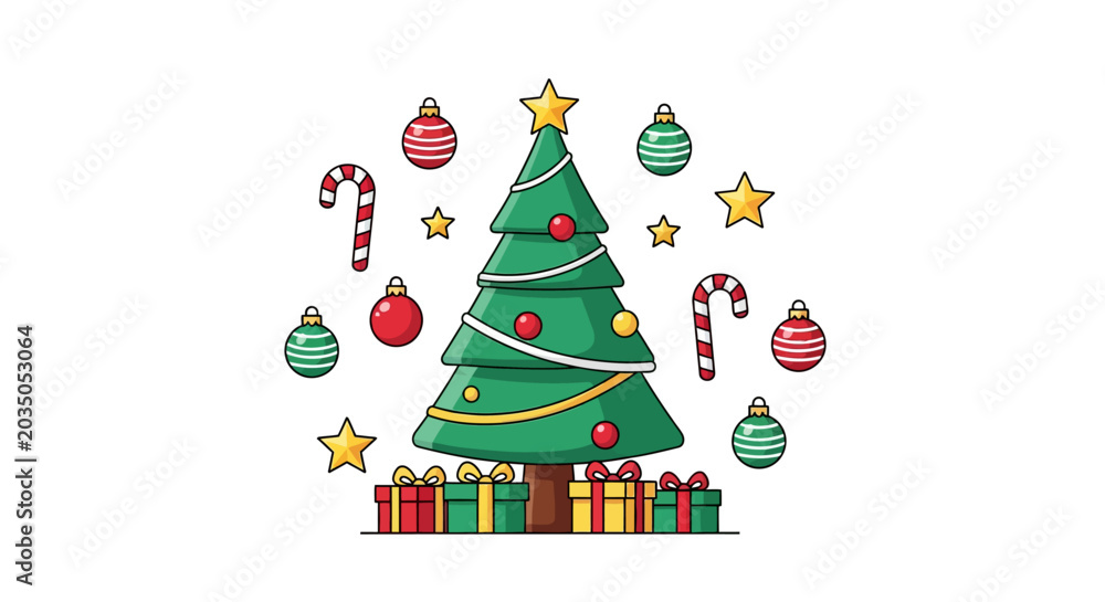 Naklejka premium Decorated Festive Holiday Fir Tree With Gift Boxes Candy Canes and Golden Stars Floating on a Pure White Background