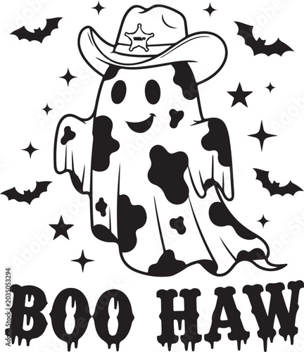 Tableau sur toile Halloween cowboy ghost, black and white vector, spooky western illustration, boo
