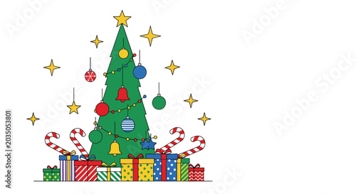 Modern Christmas Tree Scene With Festive Gift Boxes Gold Stars and Candy Canes on White Background