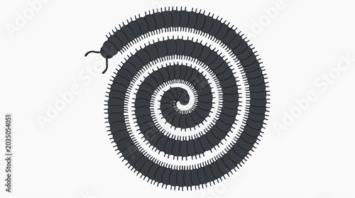 Dark Millipede Spiral Illustration on White Background