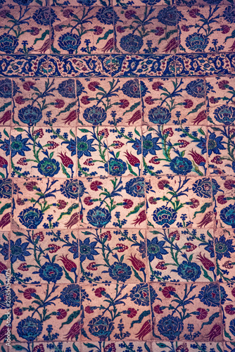 Cappadocia, Turkey, Europe: detail of ceramic tiles in the traditional Ottoman Iznik style, featuring floral motifs in shades of blue, red and turquoise with tulips, carnations and hyacinths