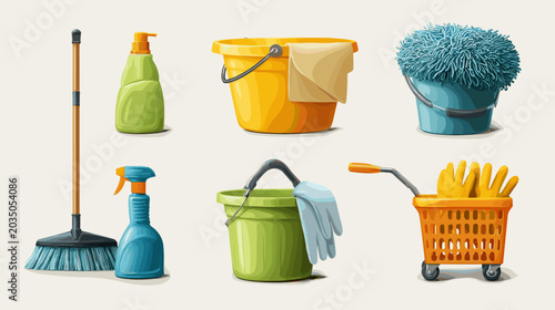 Slika na platnu Cleaning Supplies And Tools Collection Including Mop Broom Sprays Bottles Bucket