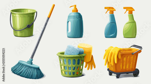 Canvas-taulu Collection of Colorful Cleaning Supplies Including Buckets Mops Sprays and Glove