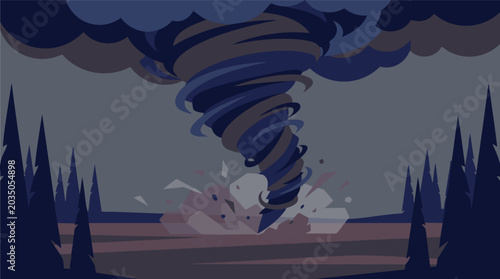 Schilderij op canvas Tornado destroying ground in forest with dark clouds, flat vector illustration