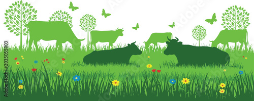 Green cow silhouettes grazing in a flowery meadow with trees and butterflies for organic dairy farming vector illustration