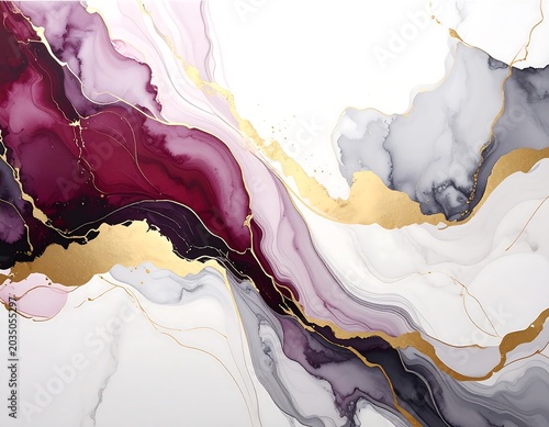 Flowing Abstract Marbled Ink Texture with Gold Veins on White Background