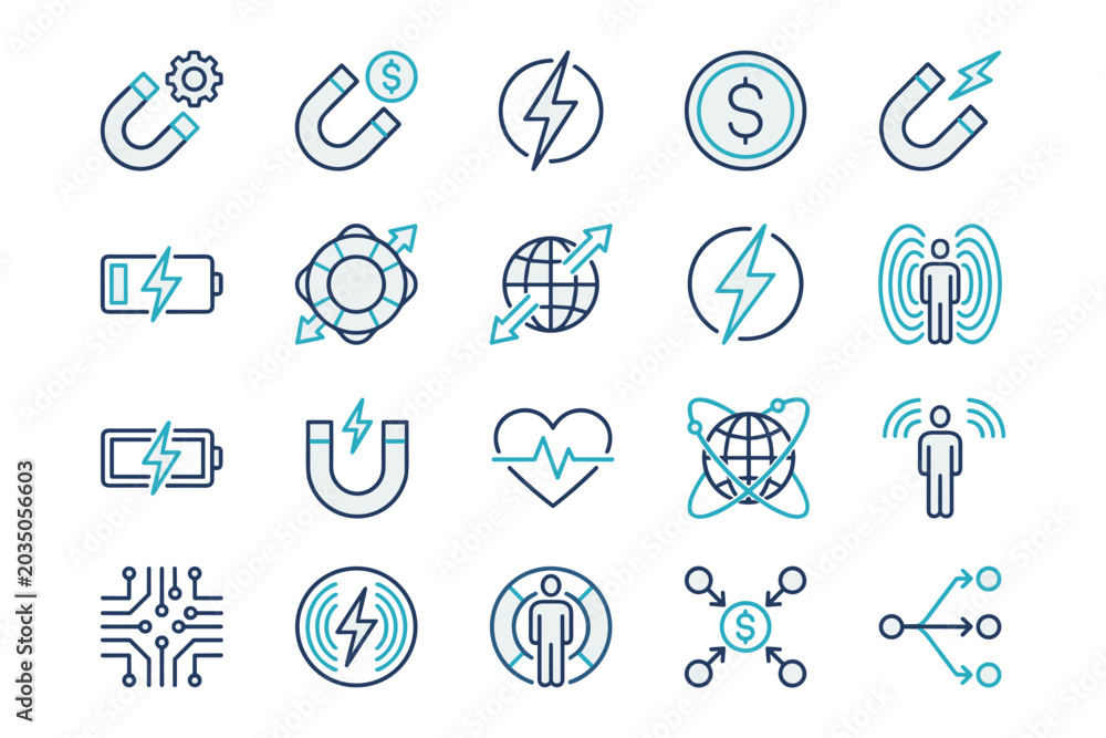 Fototapeta premium Business and Technology Line Icon Set in Navy Blue and Teal on White Background Vector Illustration