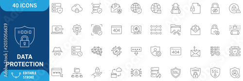 Data Protection Icons set. Containing data protection, cyber security, privacy, and more. line Icon Collection. Vector illustration. Editable stroke